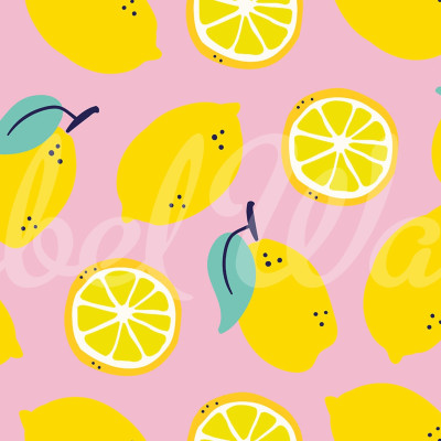 Tapet Lemons, Pink, cu lămâi galbene pe un fundal roz pal