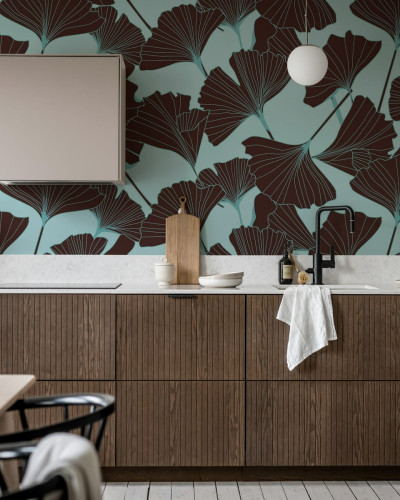 Tapet cu frunze de Ginko, Turquoise