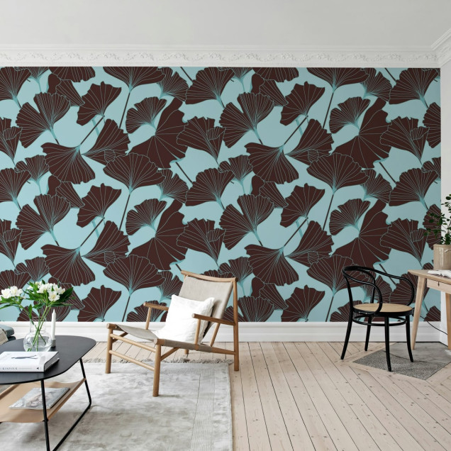 Tapet cu frunze de Ginko, Turquoise