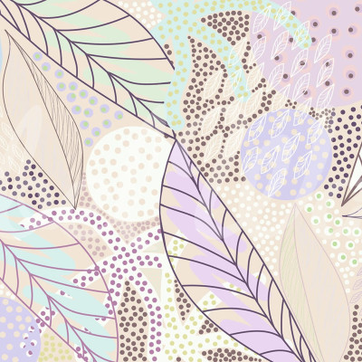 Tapet modern cu frunze grafice și puncte colorate în tonuri de liliac, crem și verde pastel.