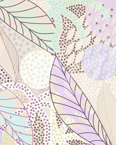 Tapet modern cu frunze grafice și puncte colorate în tonuri de liliac, crem și verde pastel.