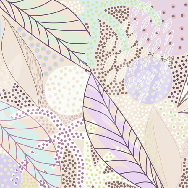 Tapet modern cu frunze grafice și puncte colorate în tonuri de liliac, crem și verde pastel.