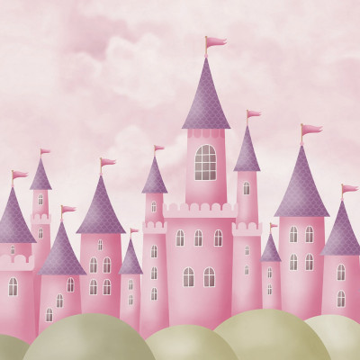 Tapet cu un castel roz visător perfect pentru decorarea dormitorului copiilor