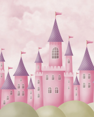 Tapet cu un castel roz visător perfect pentru decorarea dormitorului copiilor