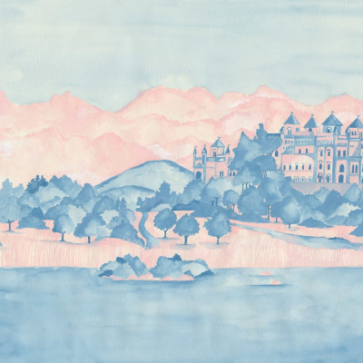 Wallpaper cu un castel albastru și roz pe fundalul unui lac albastru deschis.