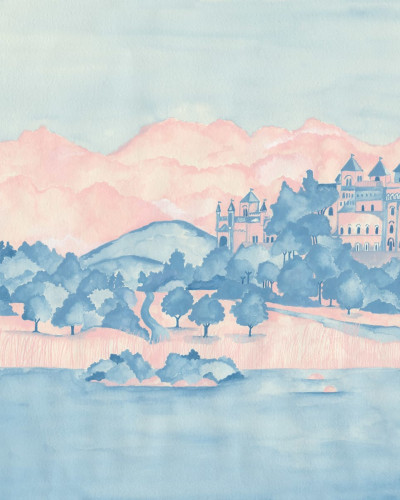 Wallpaper cu un castel albastru și roz pe fundalul unui lac albastru deschis.
