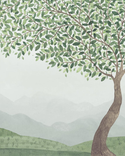 Tapet Mountain Tree - Design de copac cu frunze verzi pe un fundal de munți, perfect pentru camera copiilor, living sau dormitor