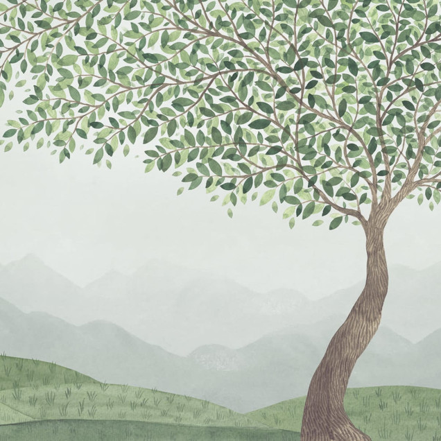 Tapet Mountain Tree - Design de copac cu frunze verzi pe un fundal de munți, perfect pentru camera copiilor, living sau dormitor