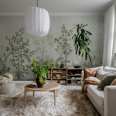 Tapet floral verde salvie într-un living elegant
