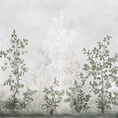 Tapet floral verde salvie într-un living elegant