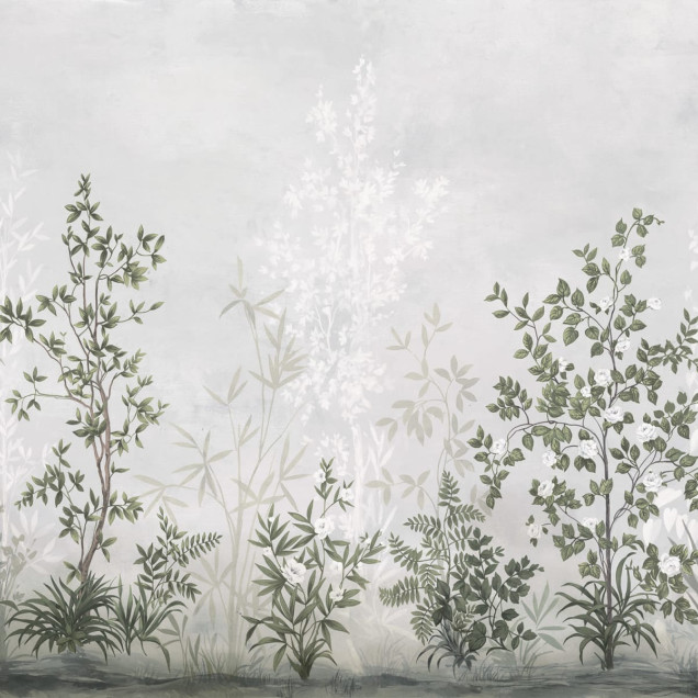 Tapet floral verde salvie într-un living elegant