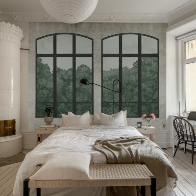 Tapet cu ferestre vintage, verde, cu design modern