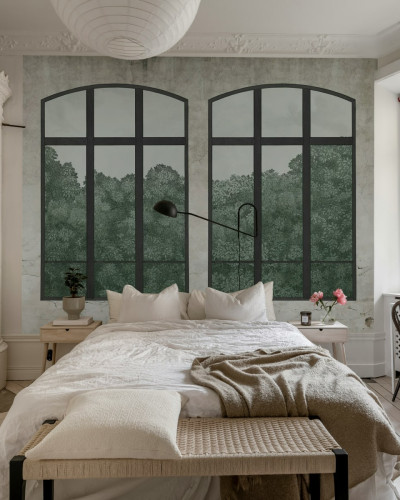 Tapet cu ferestre vintage, verde, cu design modern