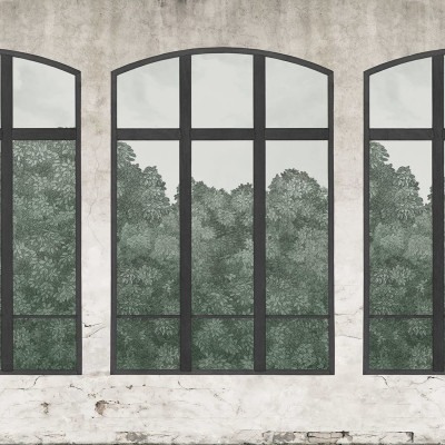 Tapet cu ferestre vintage, verde, cu design modern