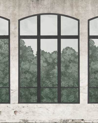 Tapet cu ferestre vintage, verde, cu design modern
