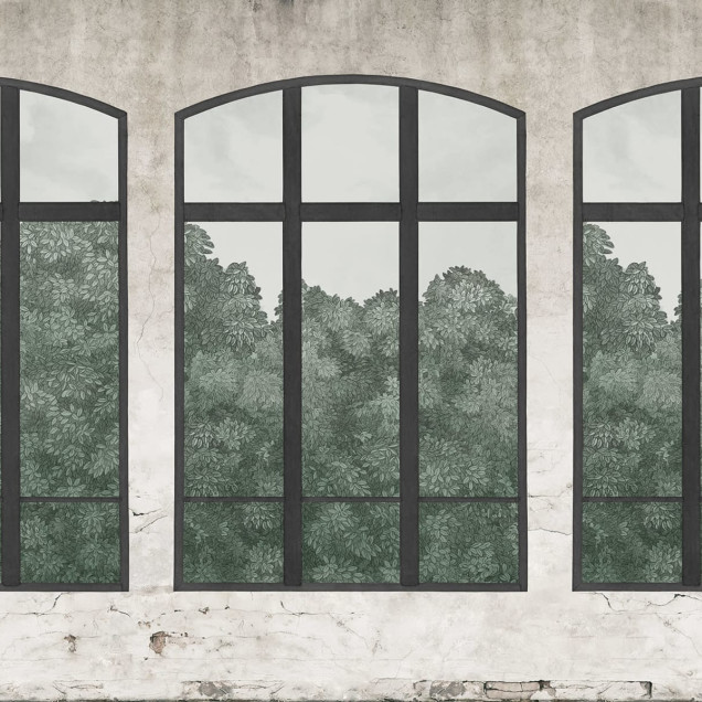 Tapet cu ferestre vintage, verde, cu design modern