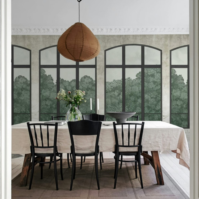 Tapet cu ferestre vintage, verde, cu design modern