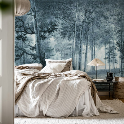 Tapet cu design vintage de pădure, în tonuri de albastru.