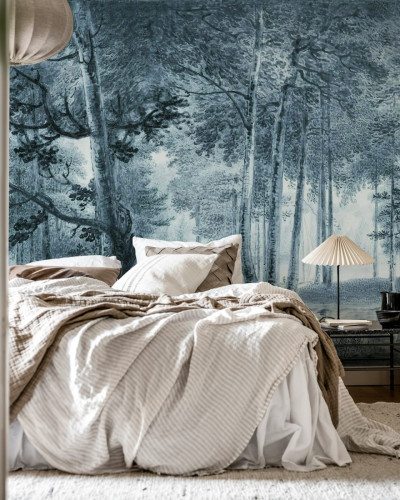 Tapet cu design vintage de pădure, în tonuri de albastru.