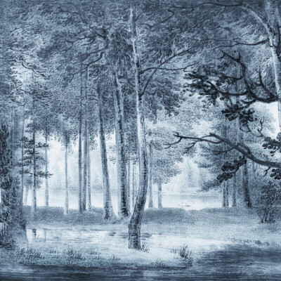 Tapet cu design vintage de pădure, în tonuri de albastru.