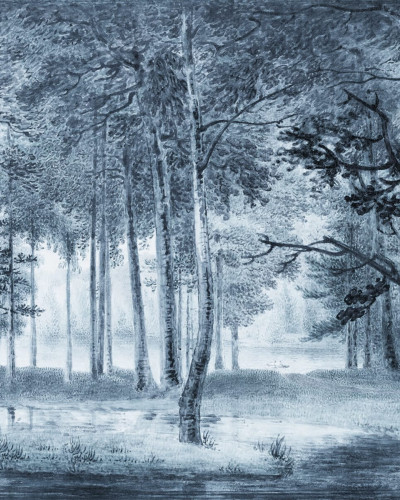 Tapet cu design vintage de pădure, în tonuri de albastru.