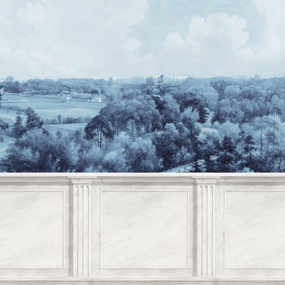 Tapet Panorama Views, Vintage Blue, cu o imagine a unui peisaj din afara orașului,  într-o nuanță albastră vintage.