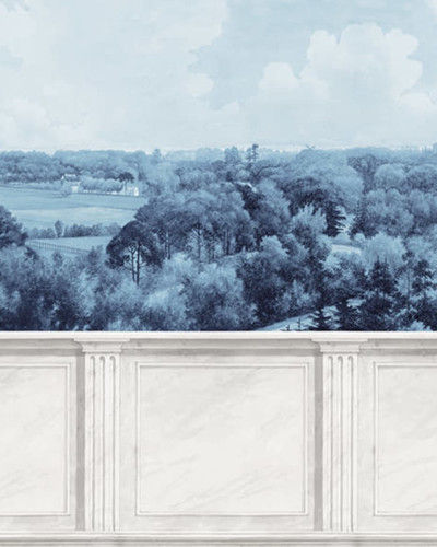 Tapet Panorama Views, Vintage Blue, cu o imagine a unui peisaj din afara orașului,  într-o nuanță albastră vintage.