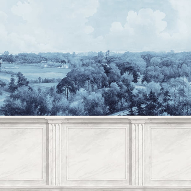 Tapet Panorama Views, Vintage Blue, cu o imagine a unui peisaj din afara orașului,  într-o nuanță albastră vintage.