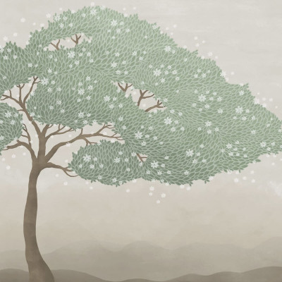 Wallpaper cu un arbore cu flori delicate, perfect pentru a crea o atmosferă caldă și primitoare în camera copiilor