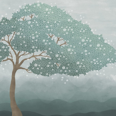 Tapetul Windy Tree, Blue prezinta un copac cu frunze verzi si flori albe delicate, pe un fundal albastru deschis.