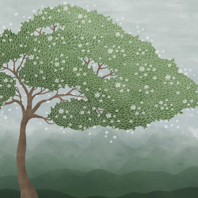 Tapet cu design unic, Windy Tree Green, cu un copac verde cu frunze bogate, flori albe delicate si un fundal bleu deschis.