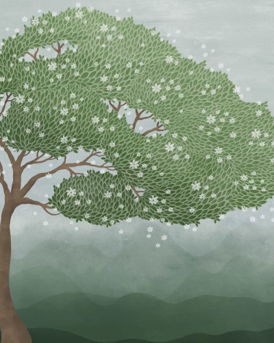 Tapet cu design unic, Windy Tree Green, cu un copac verde cu frunze bogate, flori albe delicate si un fundal bleu deschis.