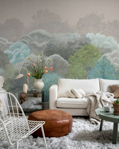 Tapet cu un design modern, care prezintă o pădure deasă, în culori pastelate.
