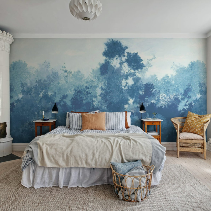 Tapet cu design de padure verde, cu nuante de verde si gri, perfect pentru a aduce natura in casa ta.