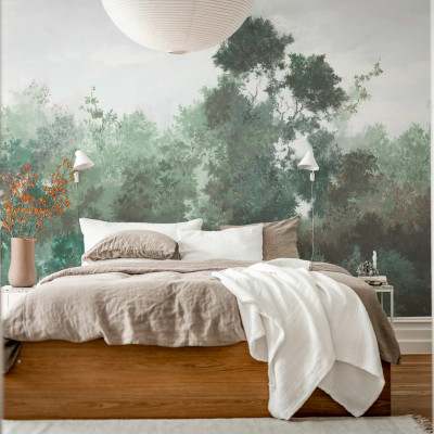 Tapet cu design de padure verde, cu nuante de verde si gri, perfect pentru a aduce natura in casa ta.