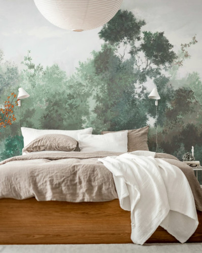 Tapet cu design de padure verde, cu nuante de verde si gri, perfect pentru a aduce natura in casa ta.