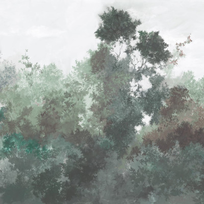 Tapet cu design de padure verde, cu nuante de verde si gri, perfect pentru a aduce natura in casa ta.