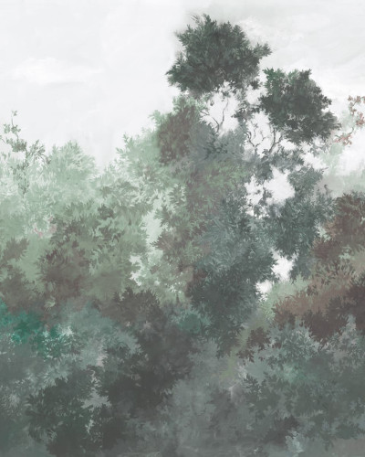 Tapet cu design de padure verde, cu nuante de verde si gri, perfect pentru a aduce natura in casa ta.