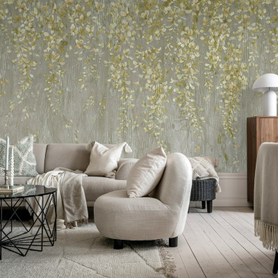 Tapet cu flori aurii, design delicat, perfect pentru living, dormitor.