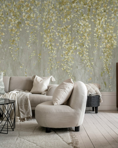 Tapet cu flori aurii, design delicat, perfect pentru living, dormitor.