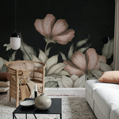 Tapet floral cu flori roz pe un fundal negru. Design minimalist.