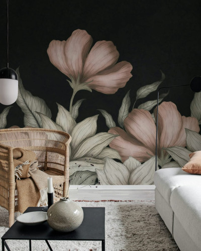 Tapet floral cu flori roz pe un fundal negru. Design minimalist.