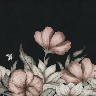 Tapet floral cu flori roz pe un fundal negru. Design minimalist.