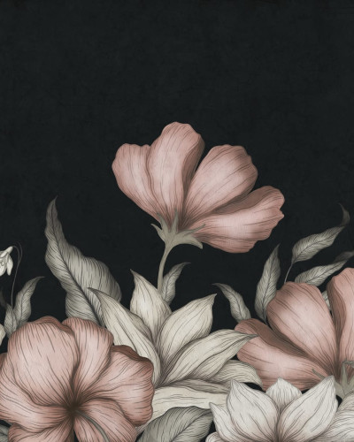 Tapet floral cu flori roz pe un fundal negru. Design minimalist.