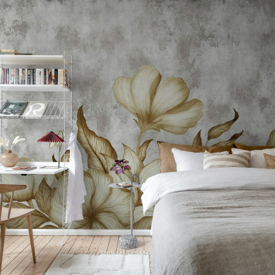 Tapet Floral Fantasy Gray cu flori delicate și tonuri neutre, aplicat pe un perete într-un dormitor modern.