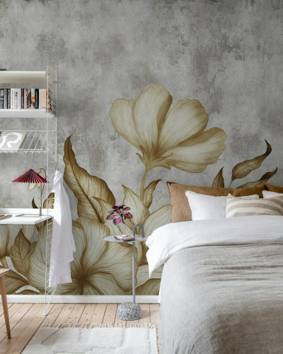 Tapet Floral Fantasy Gray cu flori delicate și tonuri neutre, aplicat pe un perete într-un dormitor modern.