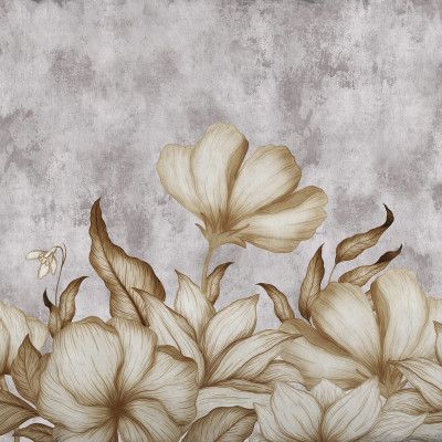 Tapet Floral Fantasy Gray cu flori delicate și tonuri neutre, aplicat pe un perete într-un dormitor modern.