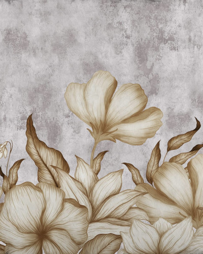 Tapet Floral Fantasy Gray cu flori delicate și tonuri neutre, aplicat pe un perete într-un dormitor modern.