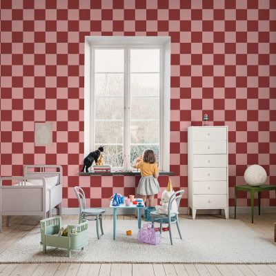 Happy Squares Raspberry tapet geometric modern cu pătrate roșii și roz