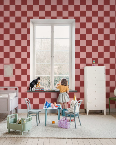 Happy Squares Raspberry tapet geometric modern cu pătrate roșii și roz